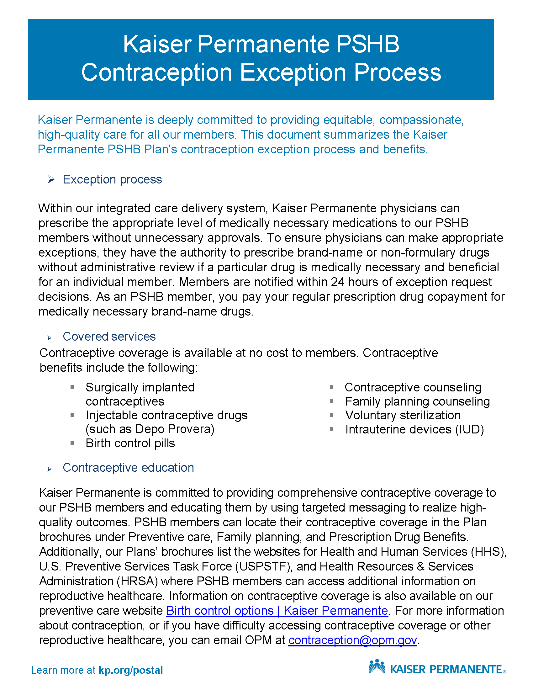 Kaiser Permanente PSHB Contraceptive Exception Overview